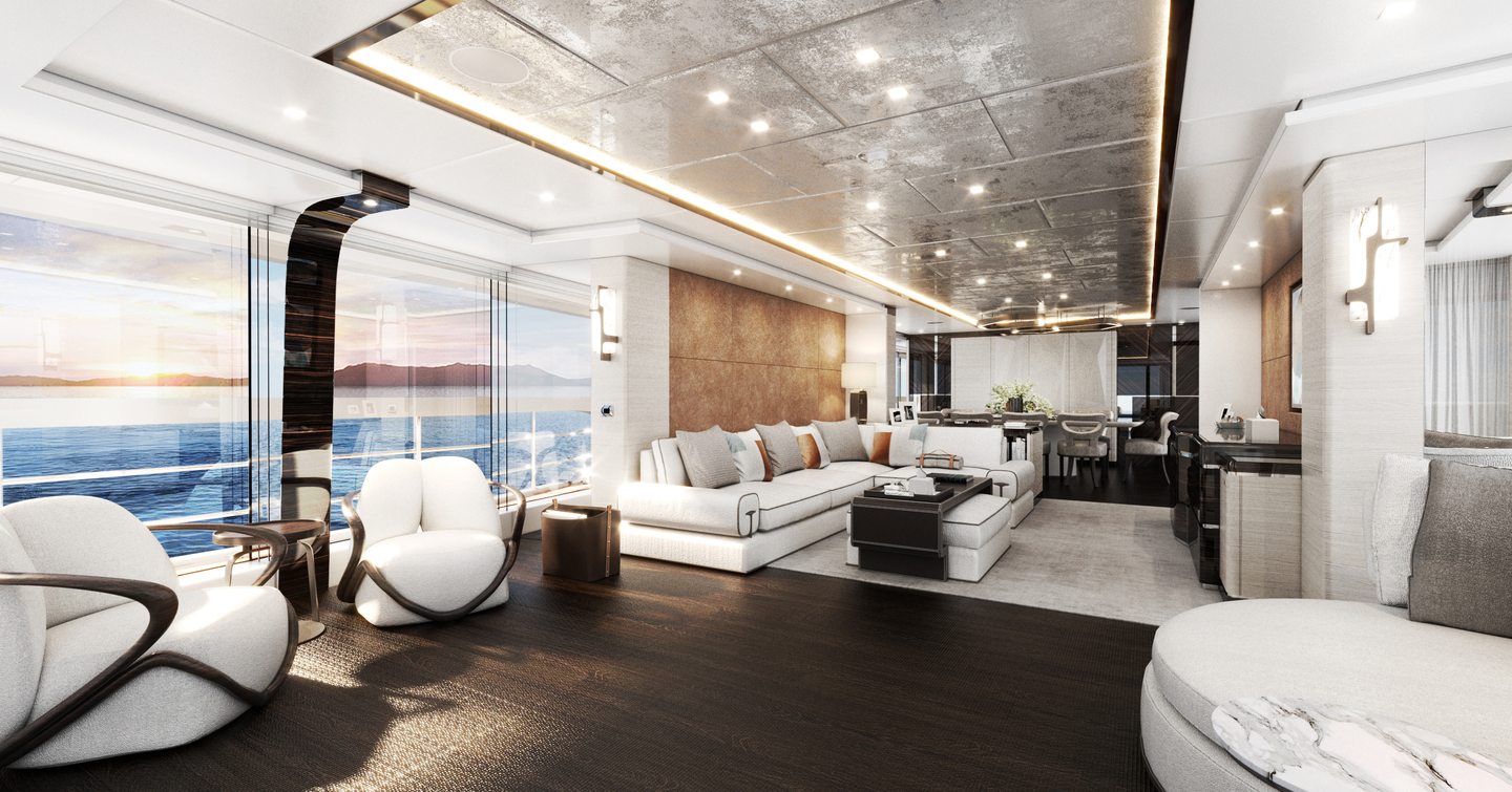 Rendering of Superyacht Orion main saloon with L-shaped sofa