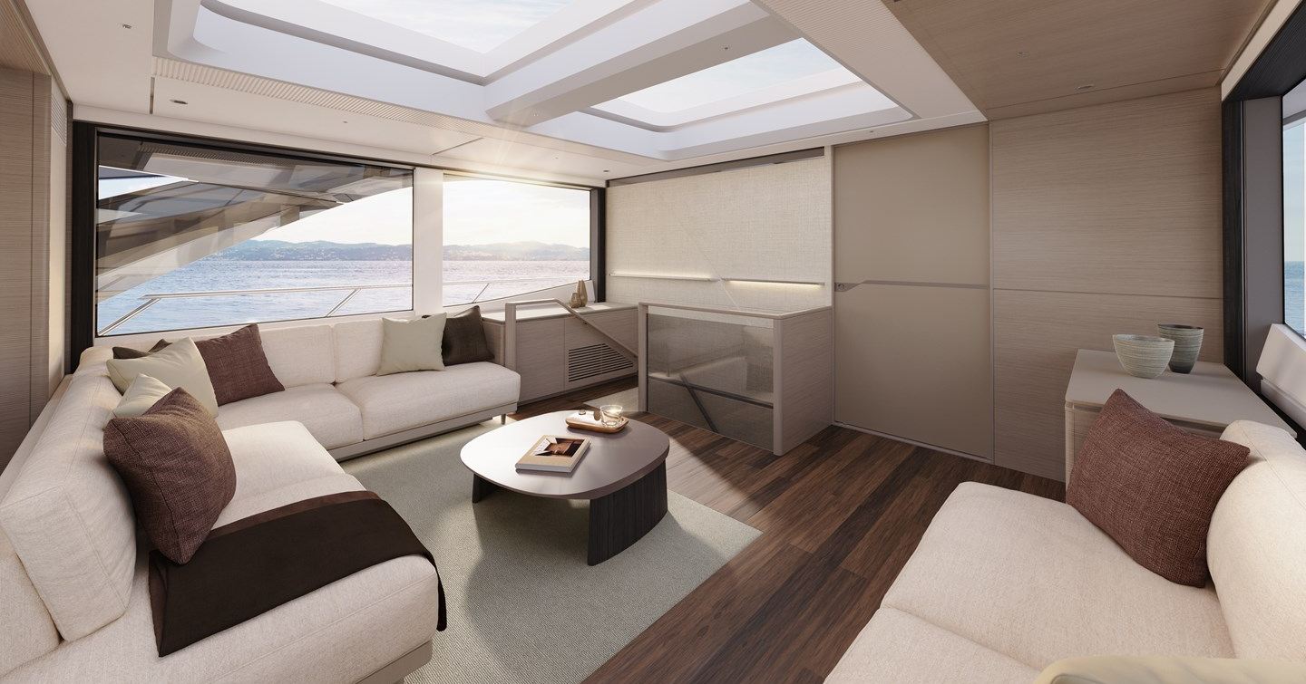 Silver Oak skylounge on X90 motor yacht with L-shaped seating