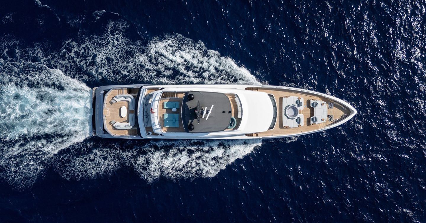 Aerial view of Superyacht Azimut Grande Trideck Tamanya under way 