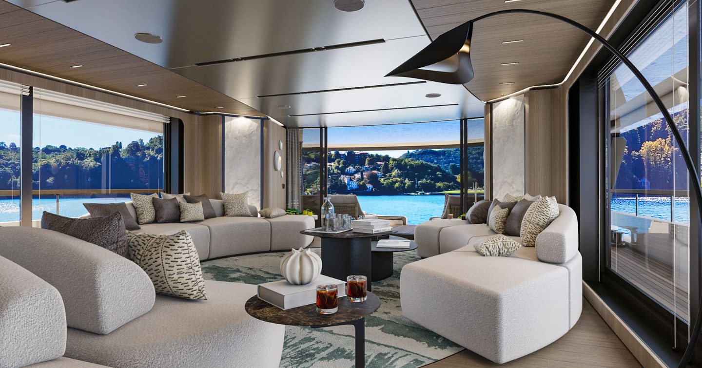 Rendering of Sirena 42M's main saloon with curved seating and sliding glass doors