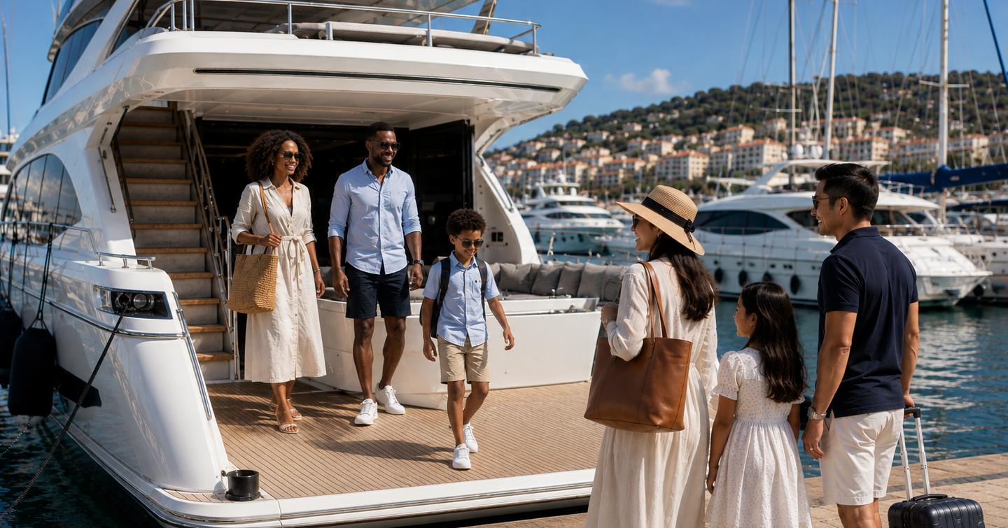 A luxury motor yacht moored in a marina with one family disembarking while another prepares to board