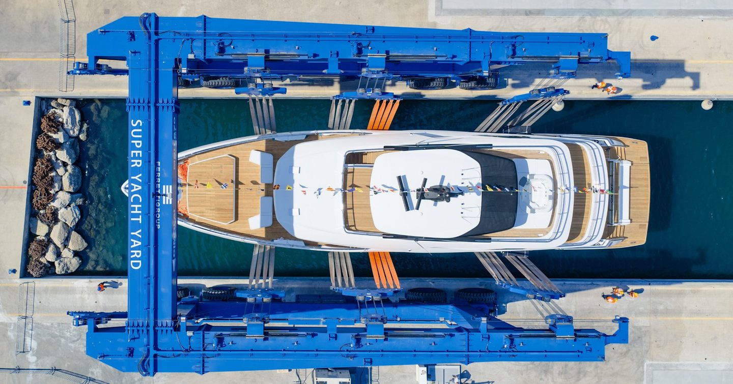 Aerial view of Custom Line Navetta 35 motor yacht at launch