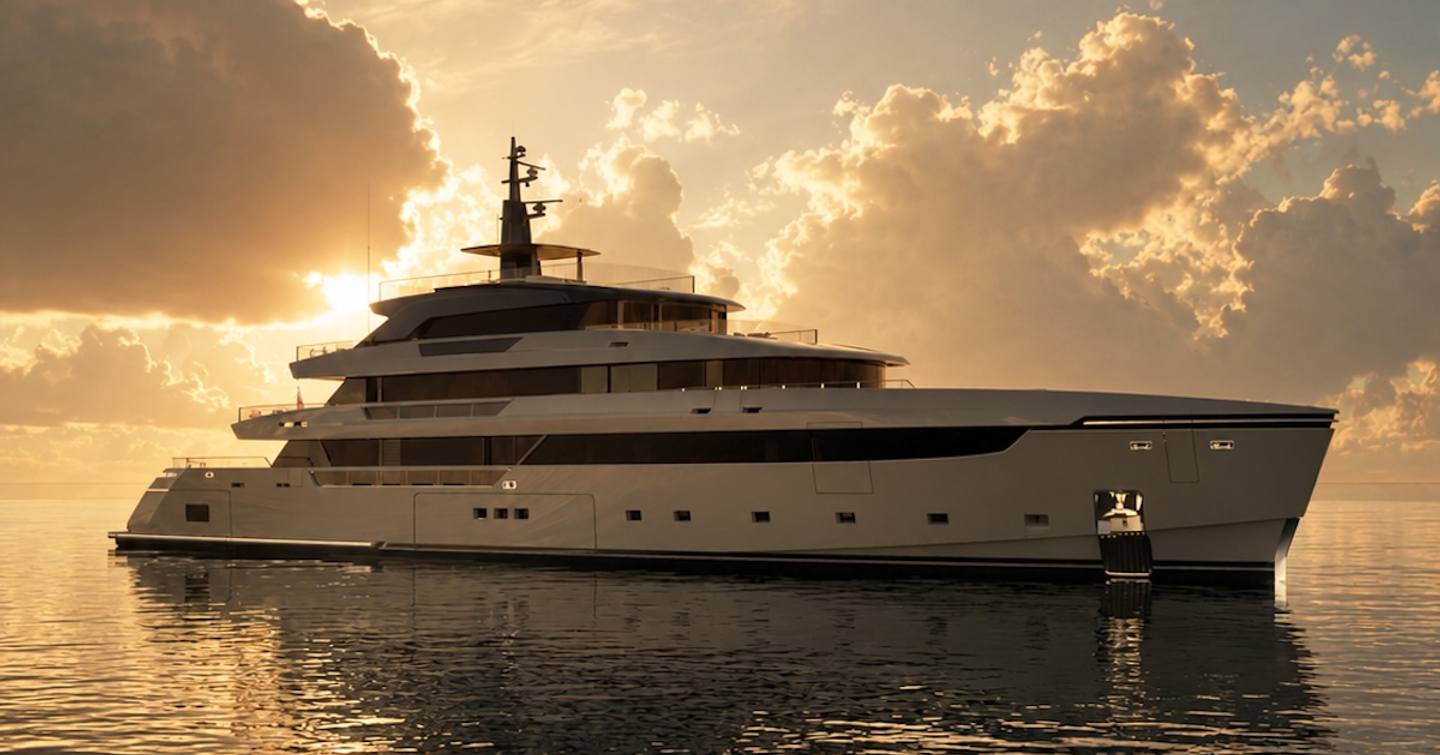 Rendering of Sanlorenzo 65Steel superyacht at anchor 