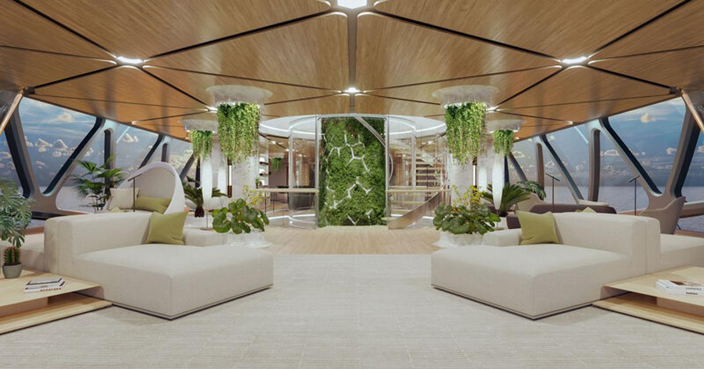 Overview rendering of the PEGASUS wellness zen garden, white square seating to port and starboard with 'tree trunk' feature centre with spiral staircase.