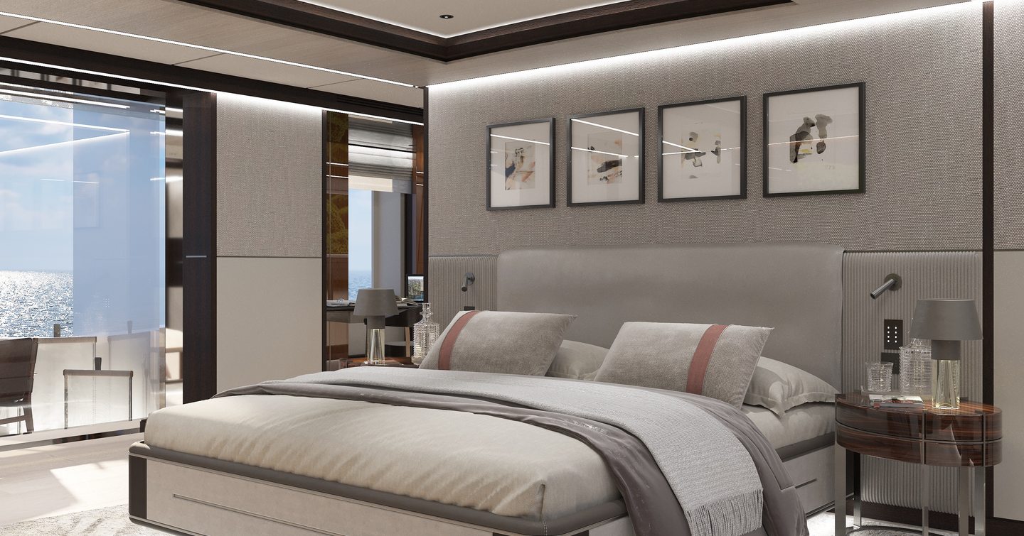 Master cabin onboard Heesen superyacht SOLEMATES with central berth