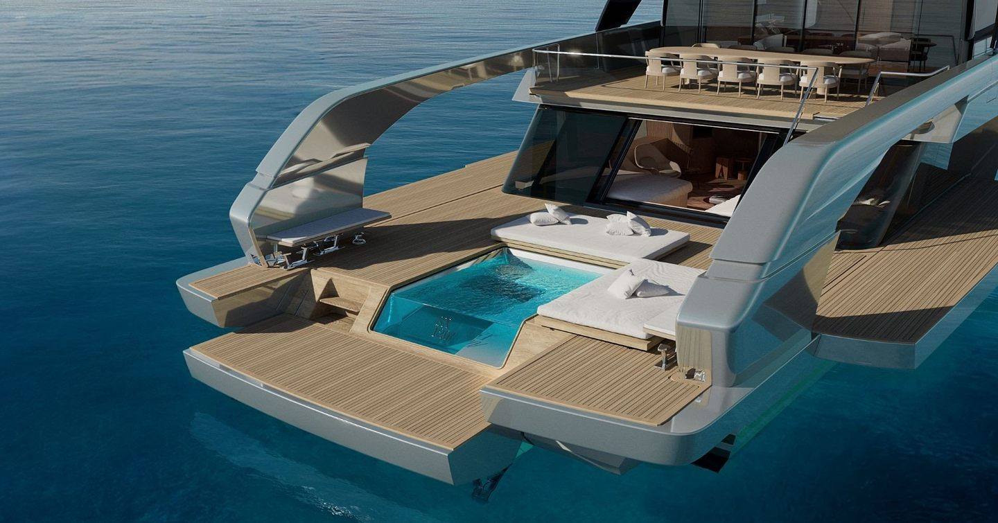 Motor yacht SX120 stern with glass pool, sun loungers, teak deck, and open sea views.