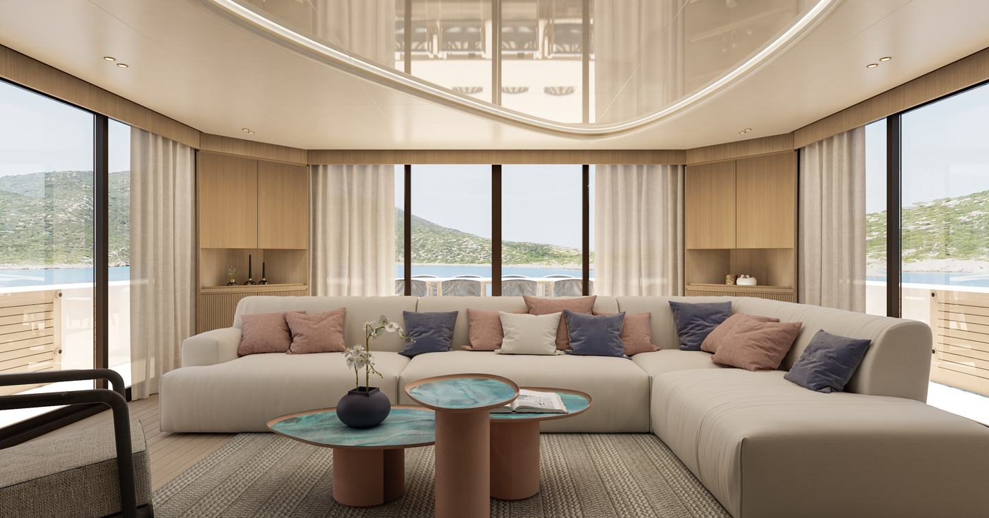 Rendering of Antonini Navi Seamore 34 Crossover Yacht Matilde7 main saloon with L-shaped sofa 