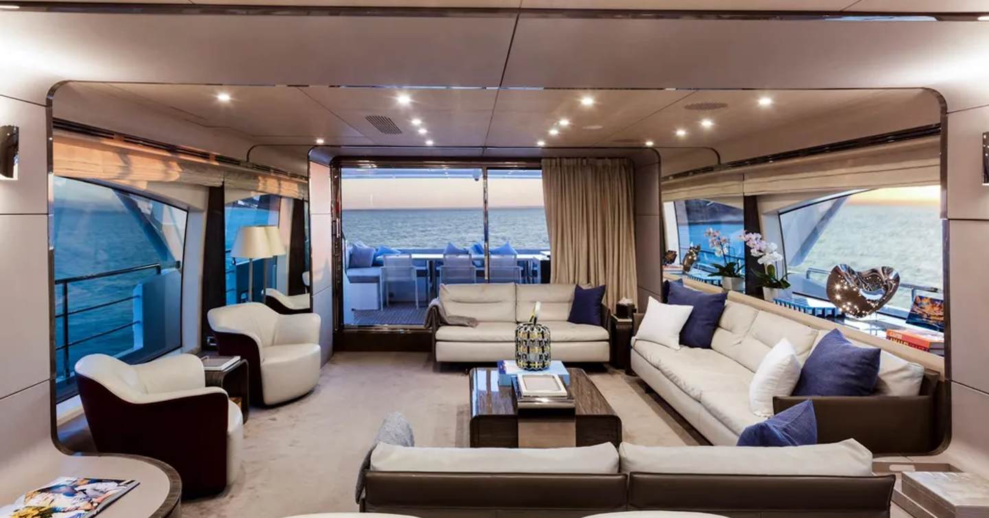 Superyacht Indigo's main saloon with cream furniture