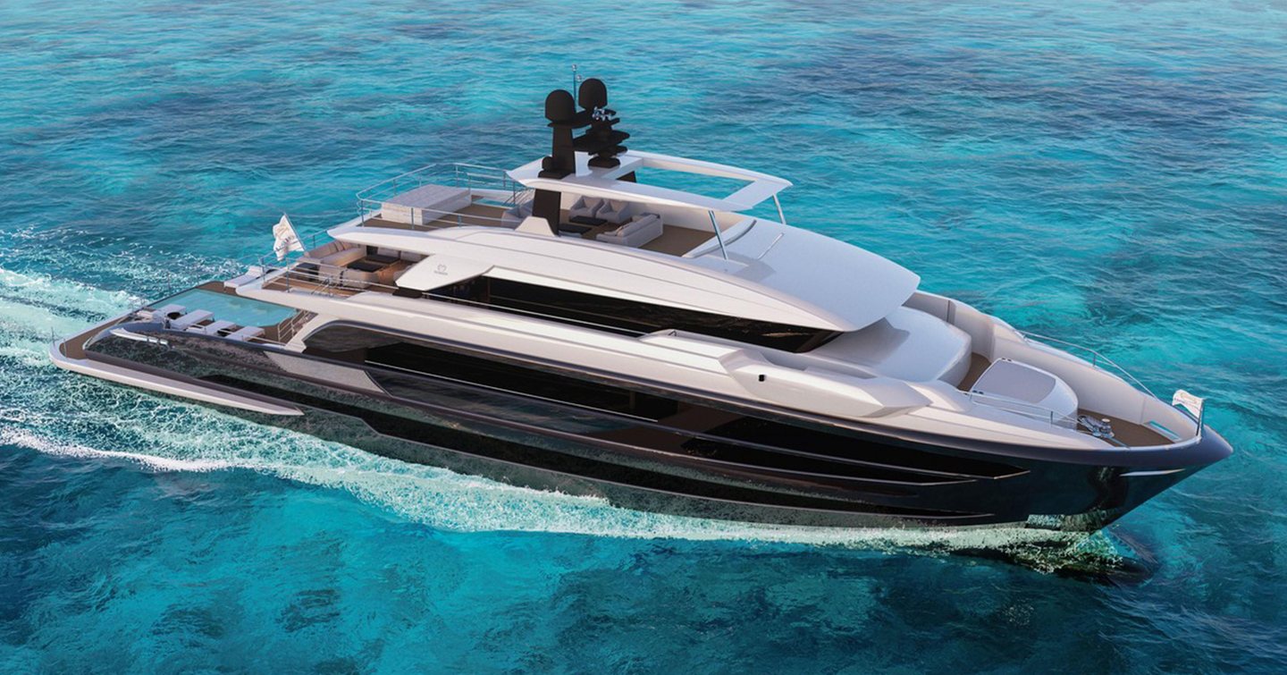 Rendering of Horizon FD130 Tri-Deck superyacht under way 