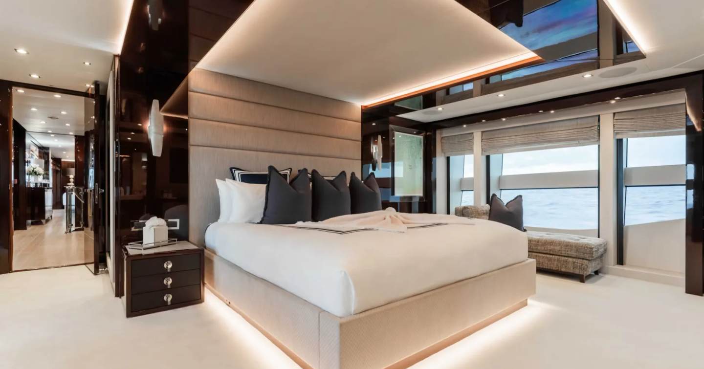 Sunseeker motor yacht Captain Morgan III master cabin with large windows 