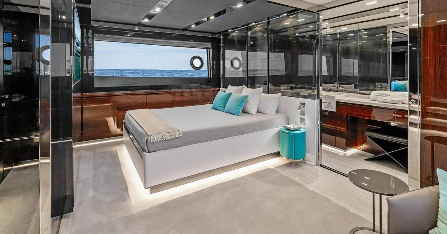 Riva motor yacht Tango Whiskey master cabin with large window 