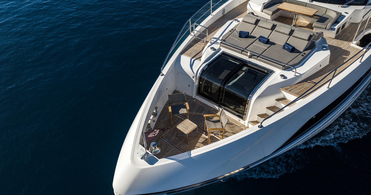 Overhead view of the bow onboard Sunseeker 100 Yacht, surrounded by sea.