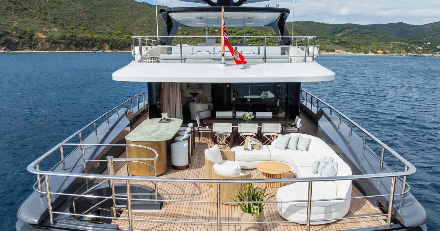 Expedition yacht M's upper aft deck with alfresco dining and curved seating