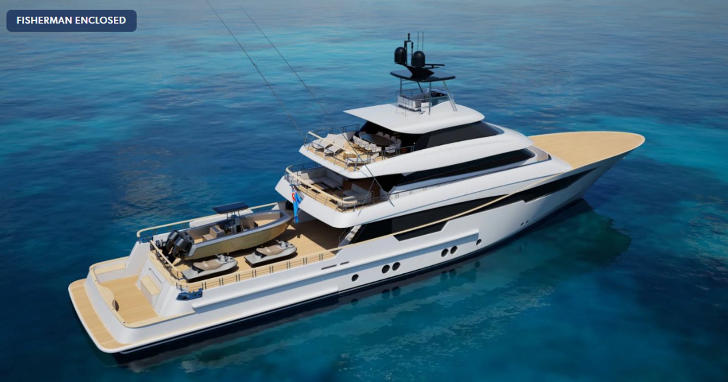 Rendering of SES Yachts Project Freedom in Fisherman enclosed layout