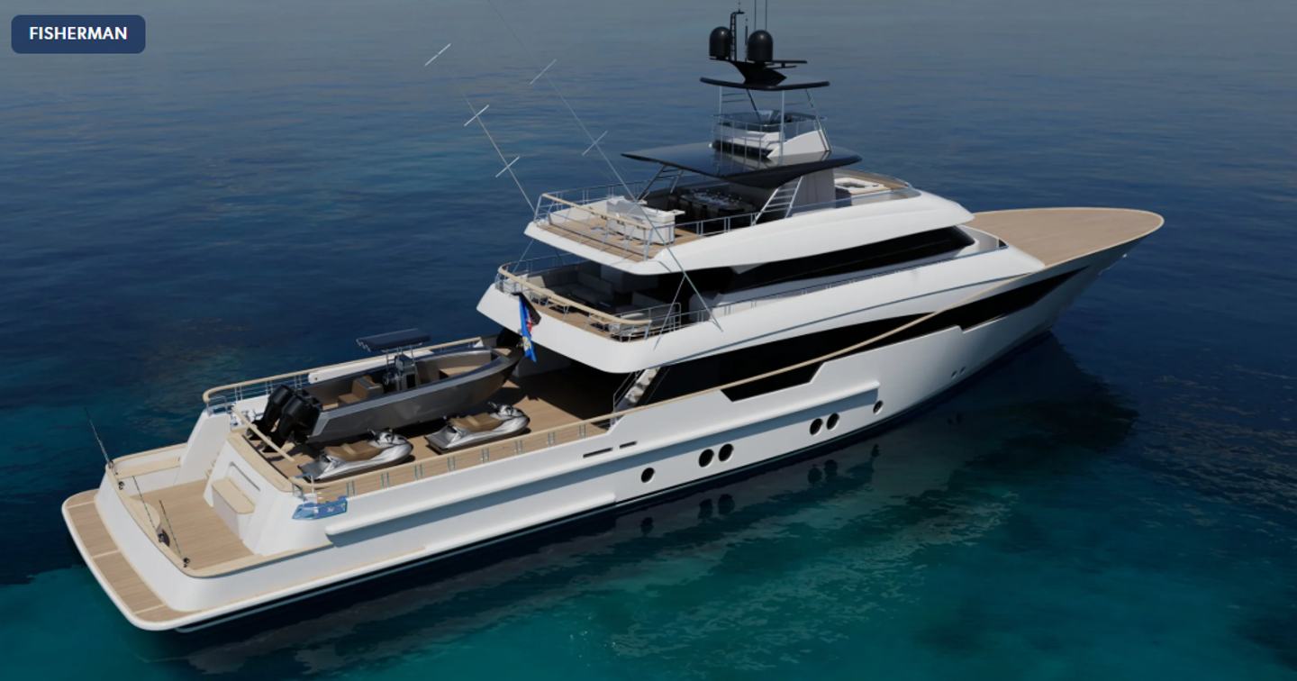 Sportfisher yacht Project Freedom rendering in Fisherman layout