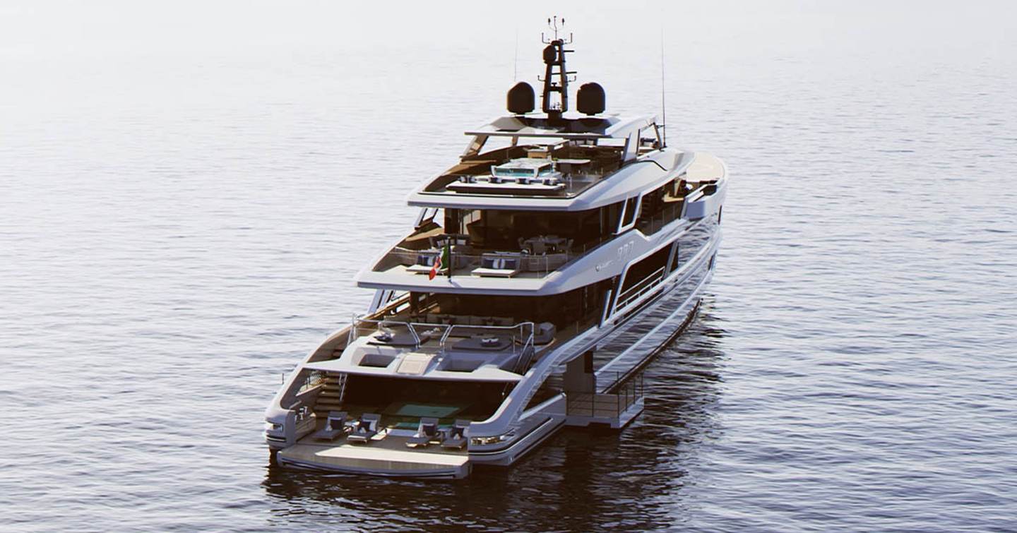 Aft view Rendering of Baglietto T60 superyacht at anchor