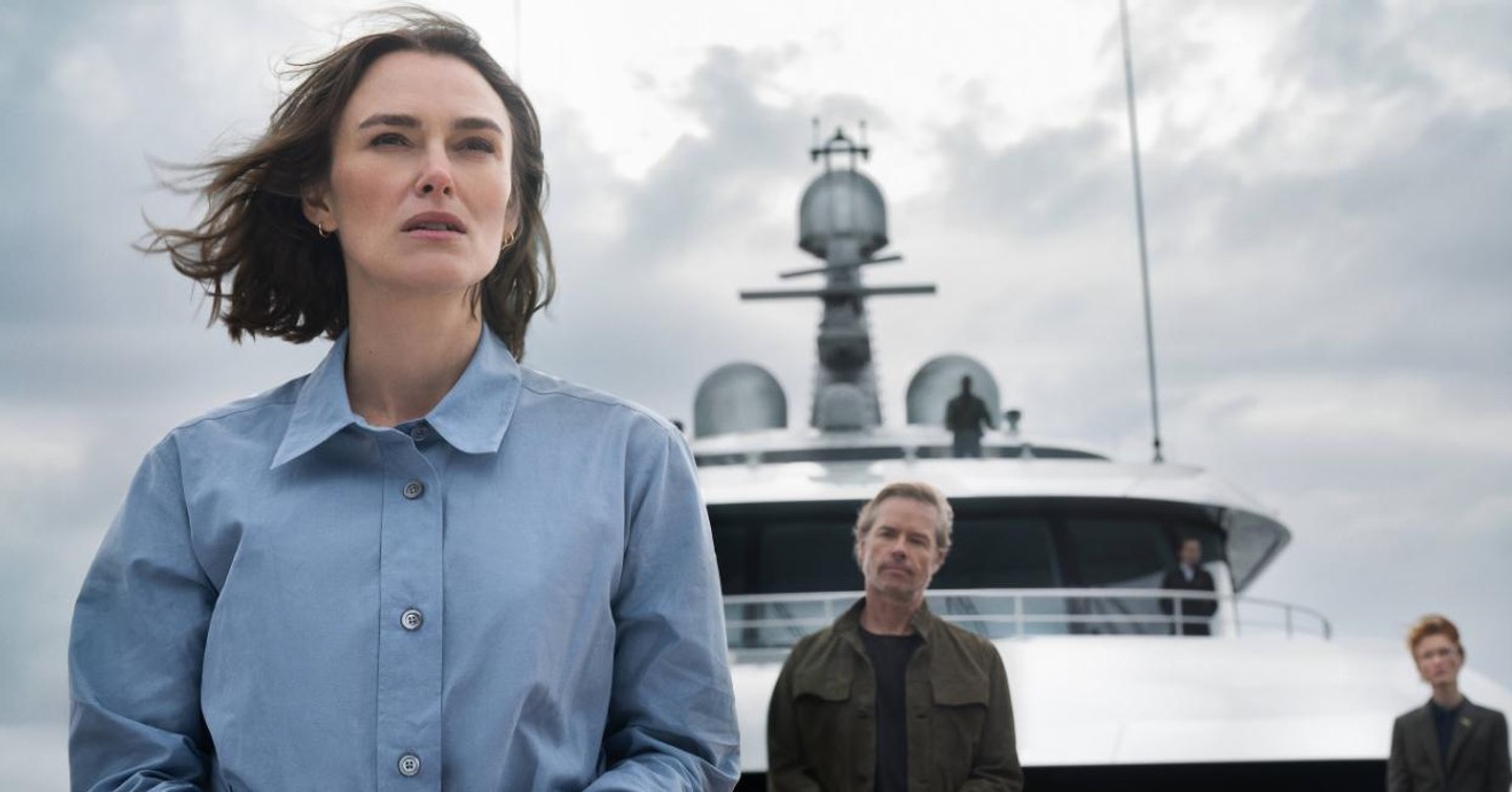 Superyacht Savannah behind Keira Knightley in Woman in Cabin 10