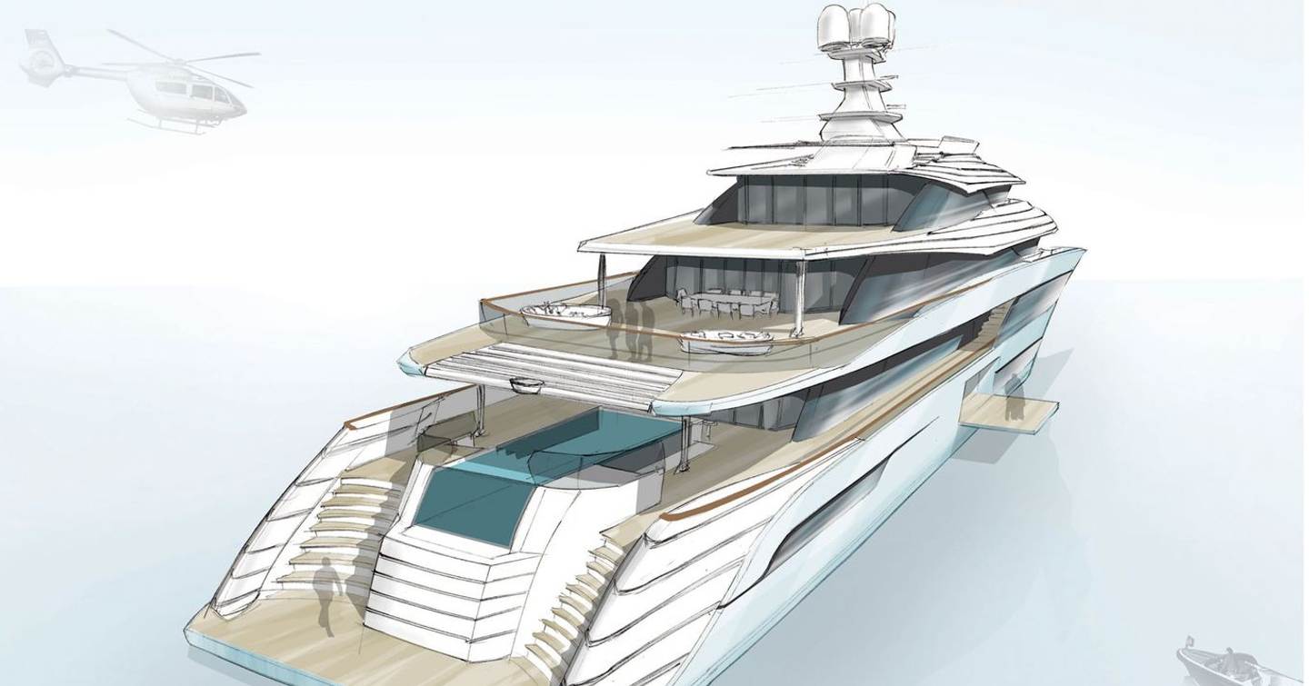 Sketch of superyacht concept THEIA from behind on water