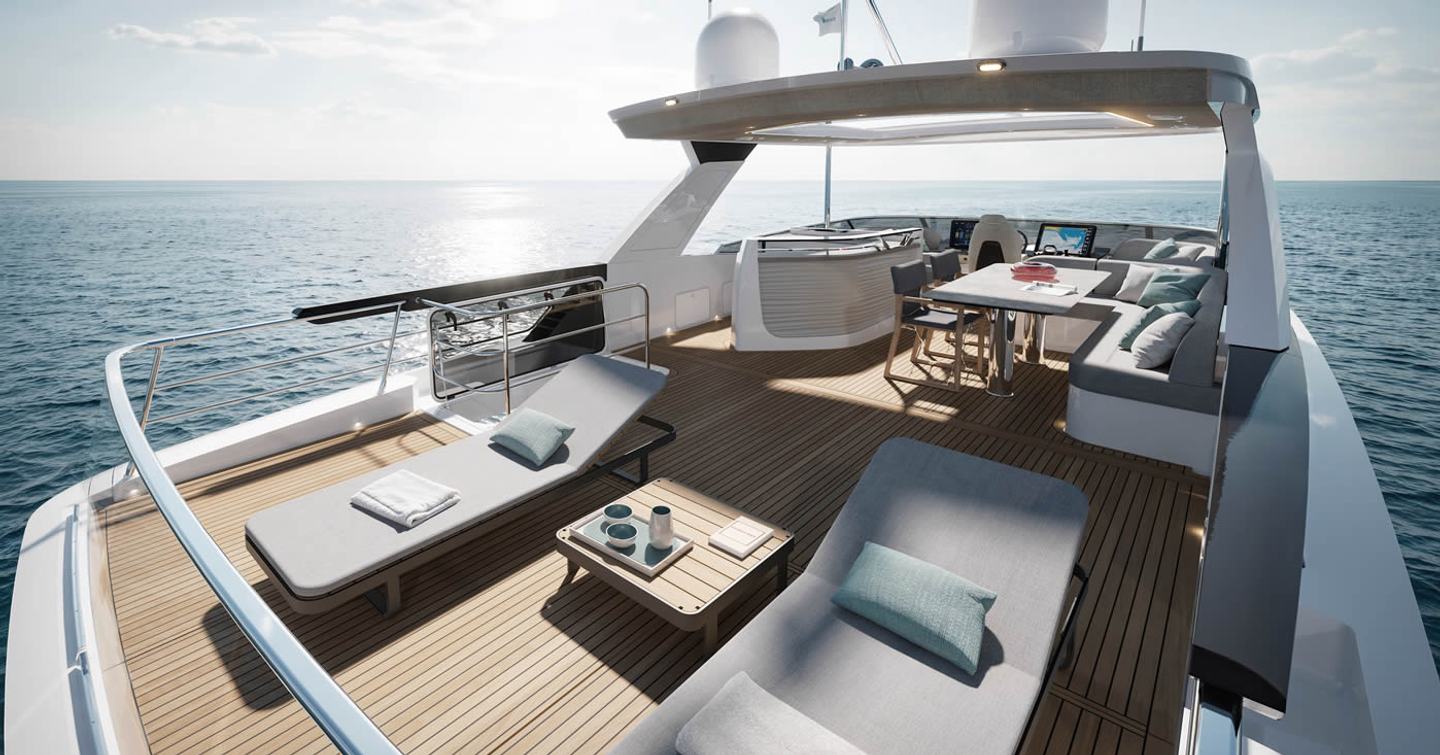 Absolute Navetta 66 motor yacht flybridge with lounge and dining area 