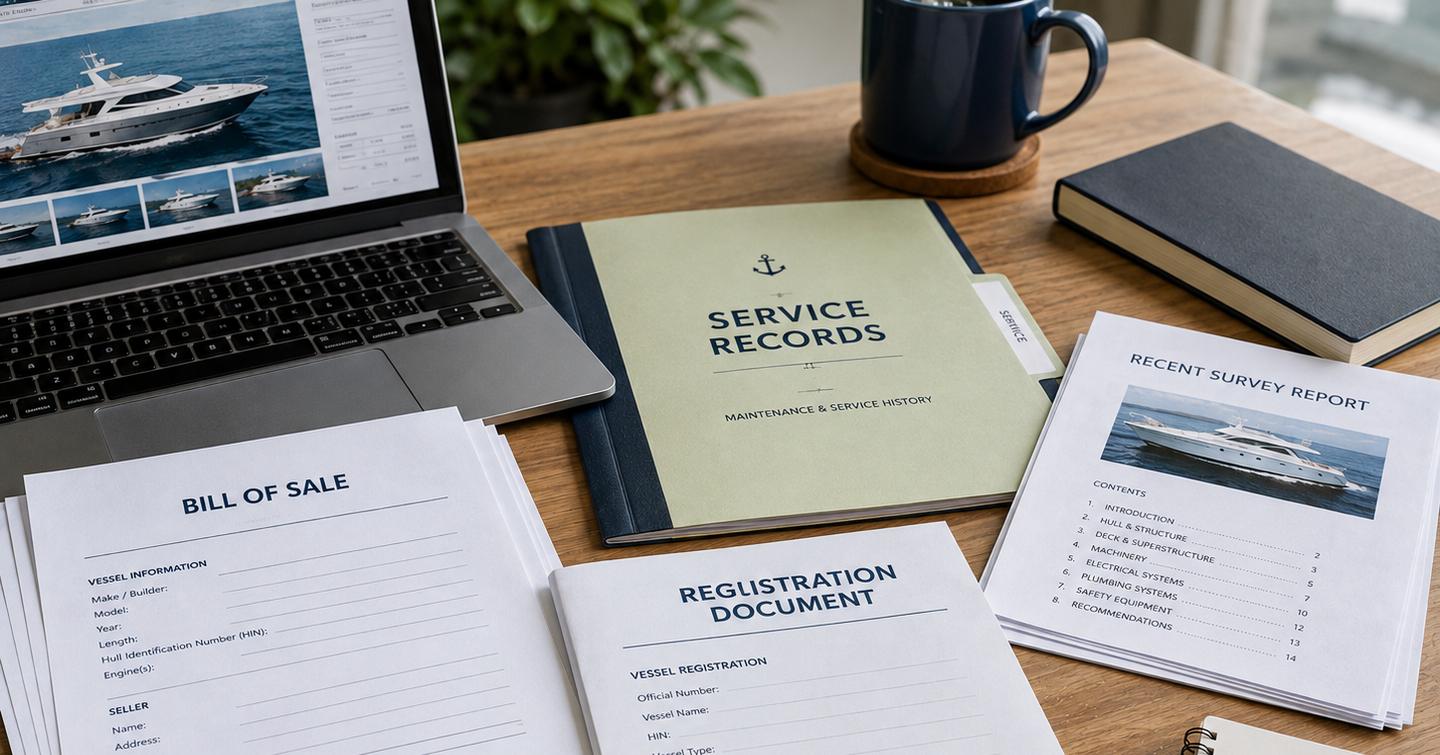 Boat purchase documents laid out on a desk