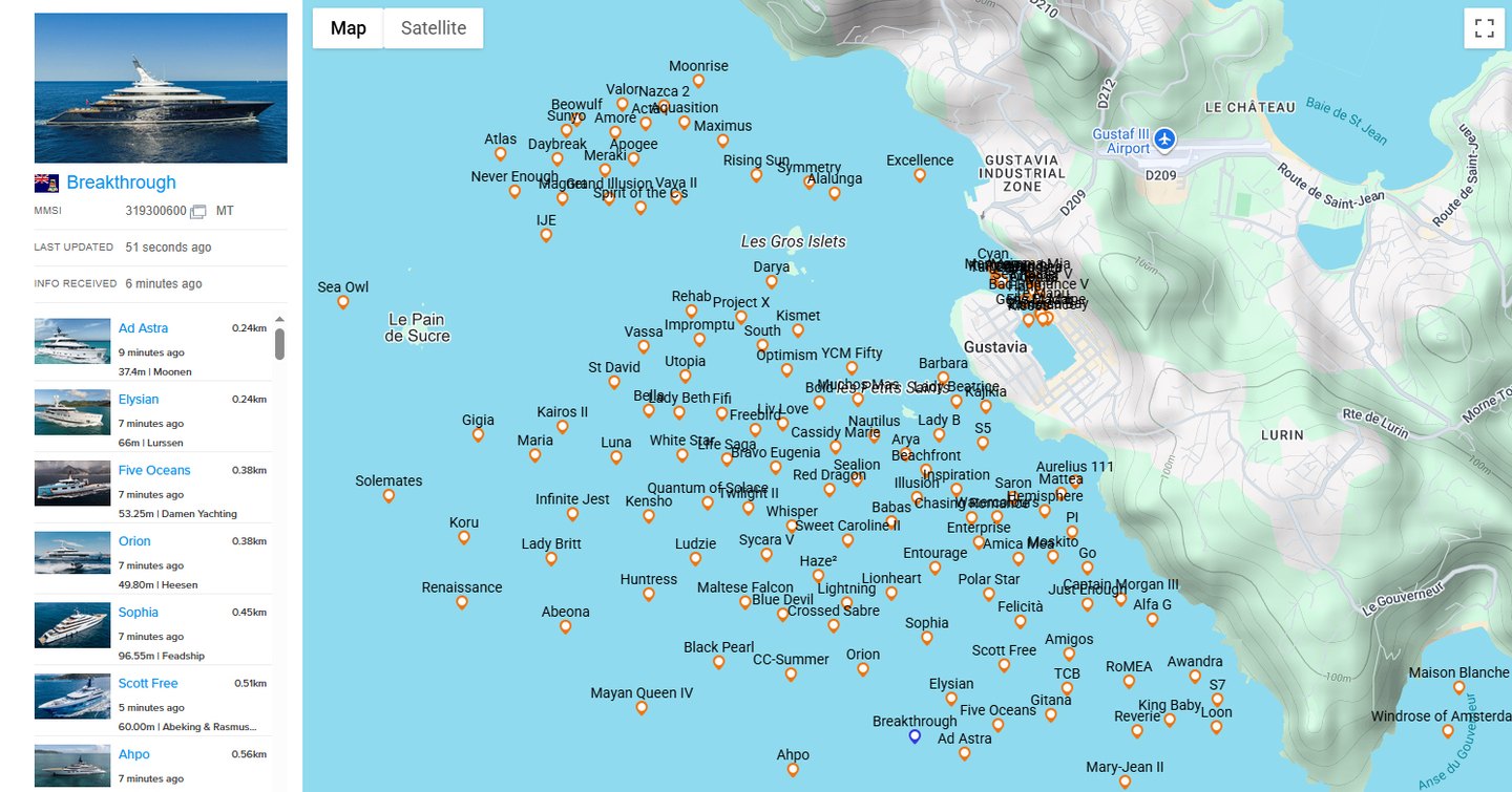 Map of superyachts in St Bart's for NYE by AIS data