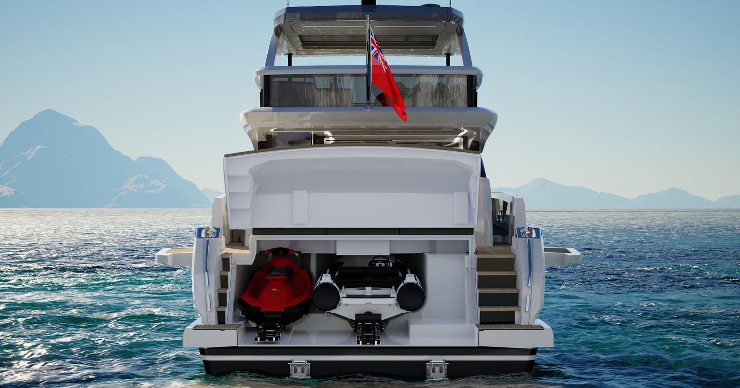 Pearl 73 motor yacht stern with tender storage