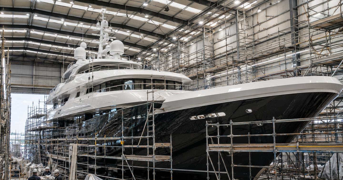 Yacht inside a refit shed with scaffolding 