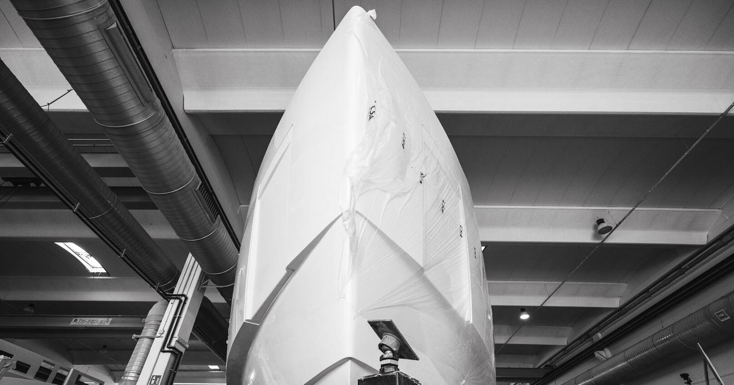 Fourth Alpha Squalo 100 superyacht bow during construction    