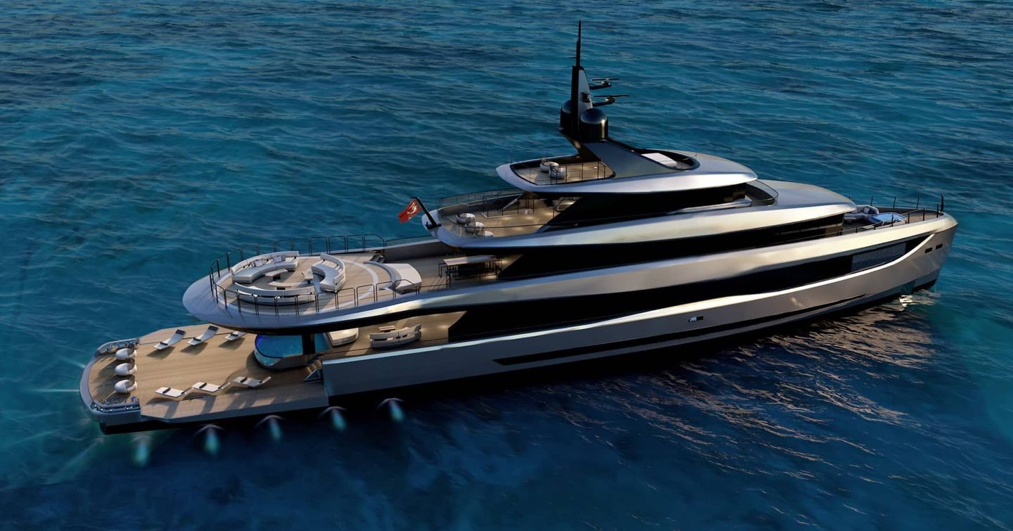 Rendering of Mengi Yay Vitrus XP Explorer Yacht at anchor 
