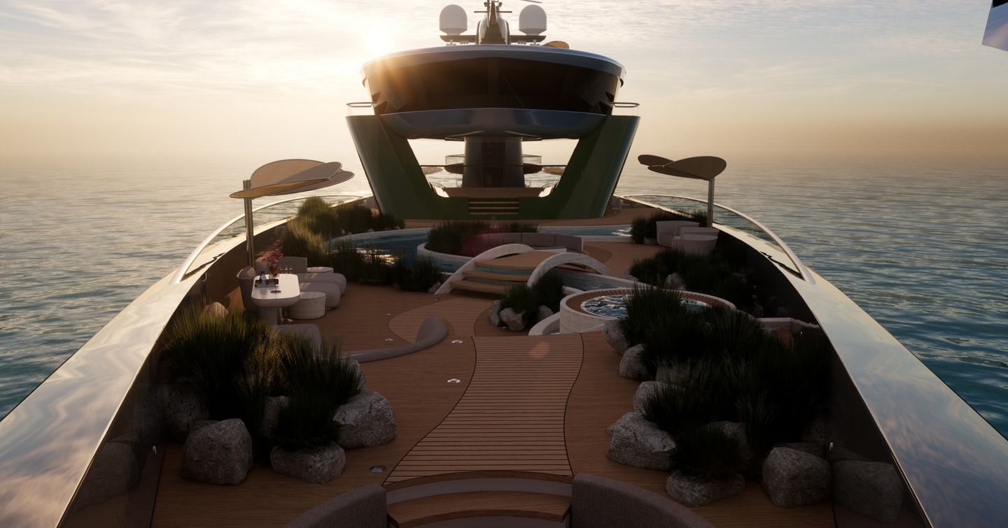 Rendering showing deck of superyacht concept ALICE with trees, pools and a river pond