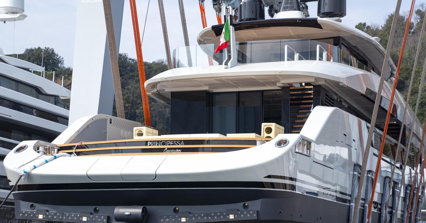 Close up of Columbus Atlantique 38M Superyacht Principessa Capricciosa aft decks at launch ceremony