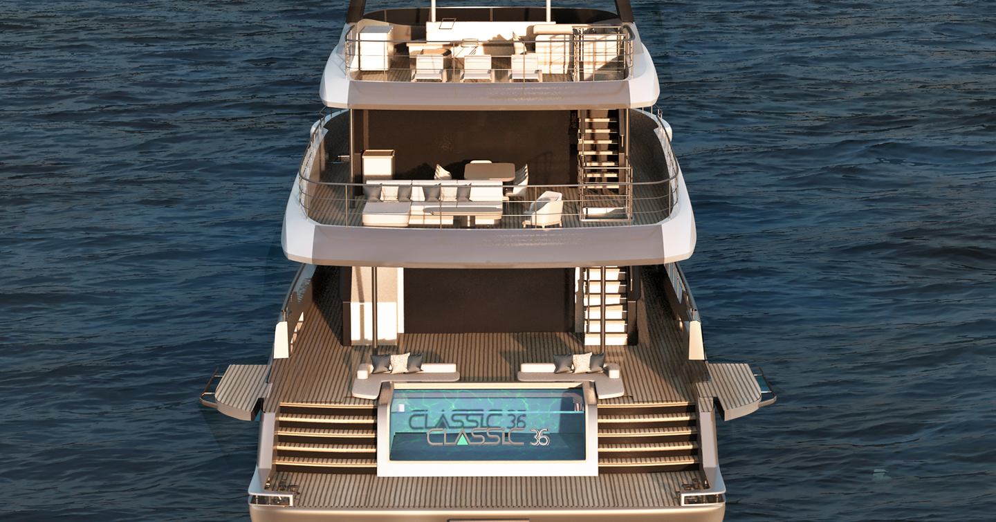 Rendering of Atlante Classic 36 motor yacht stern with alfreso dining, shaded seating and beach club infinity pool 