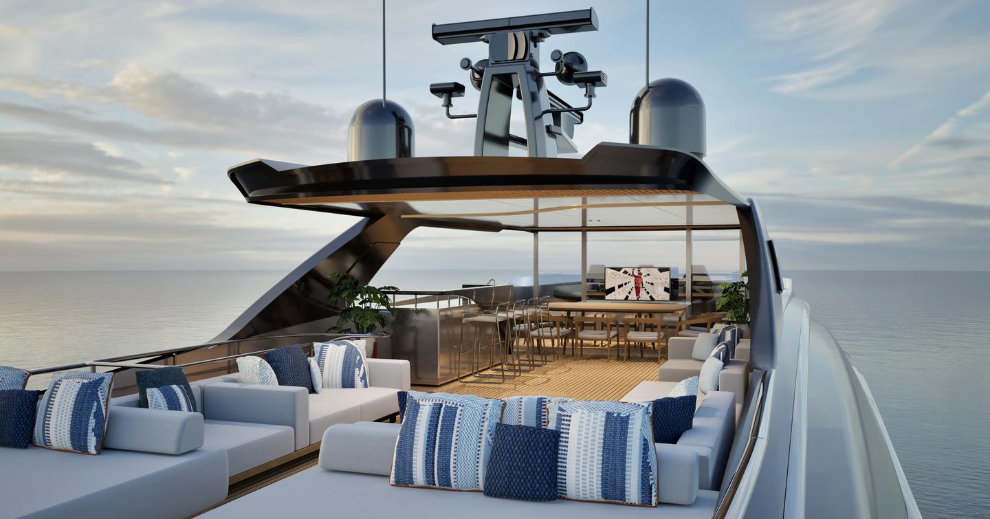 Rendering of first ISA Viper 130 superyacht sundeck with sunpads, white seating and alfresco dining