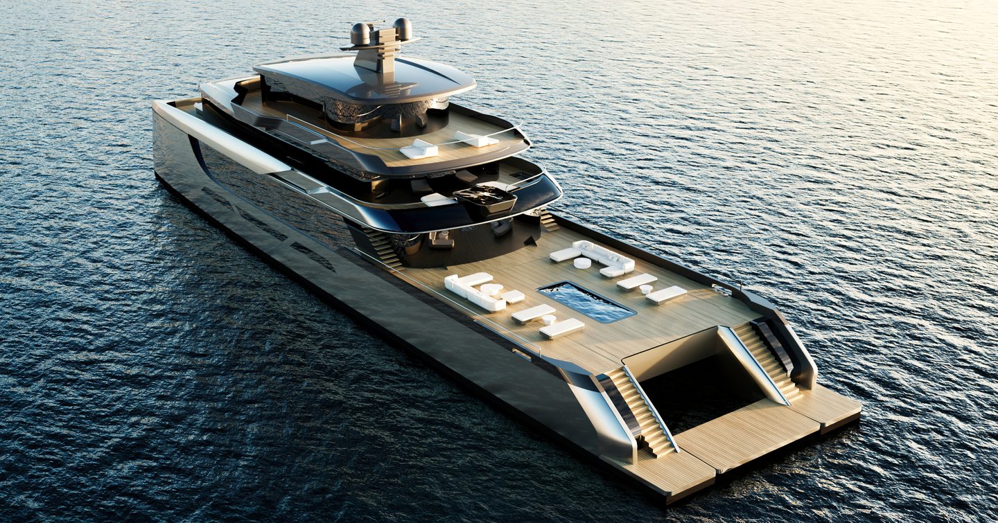 Rendering of 65M Sunreef Explorer catamaran at anchor 