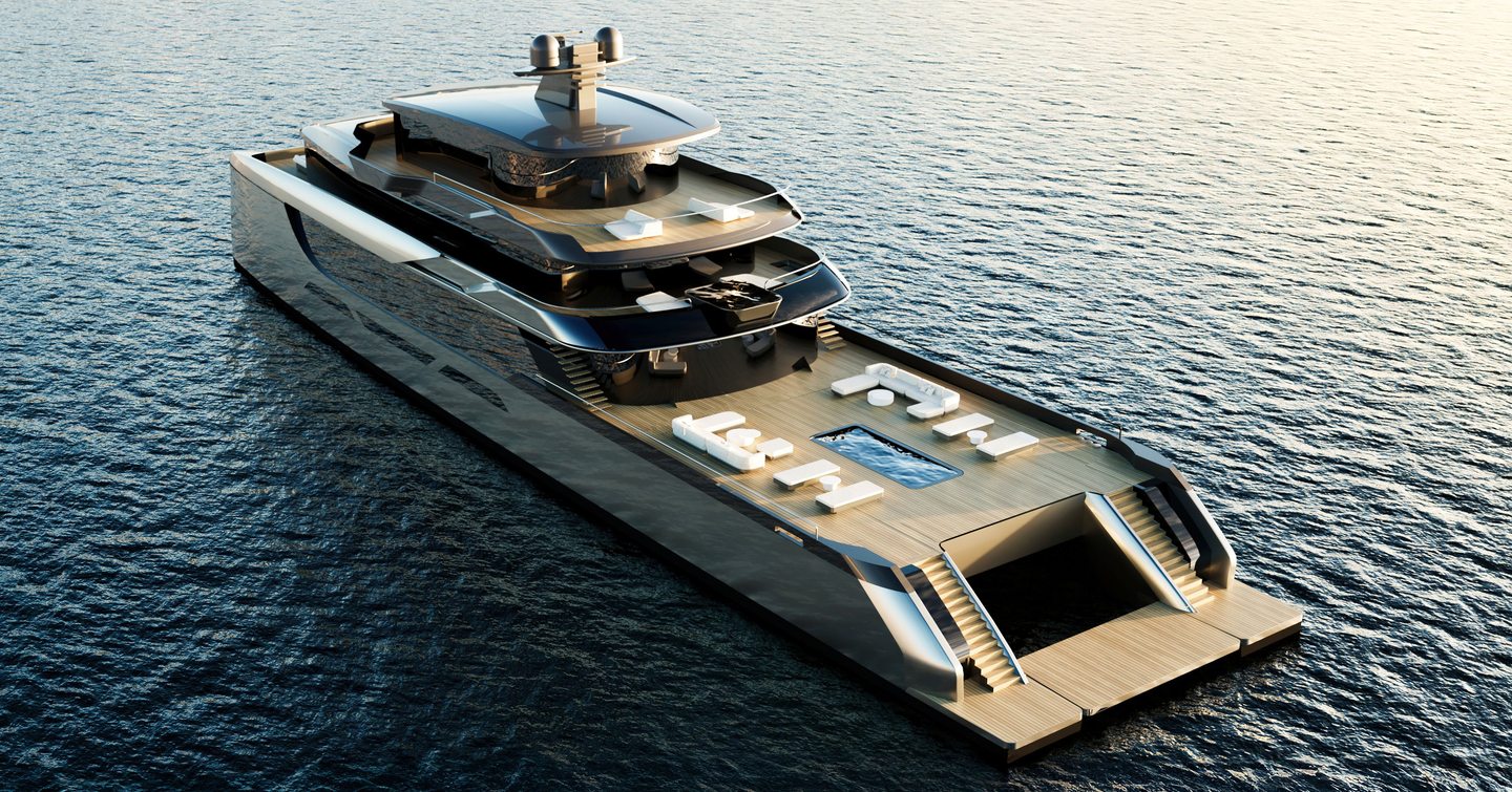 Rendering of Sunreef 65M Explorer catamaran at anchor 