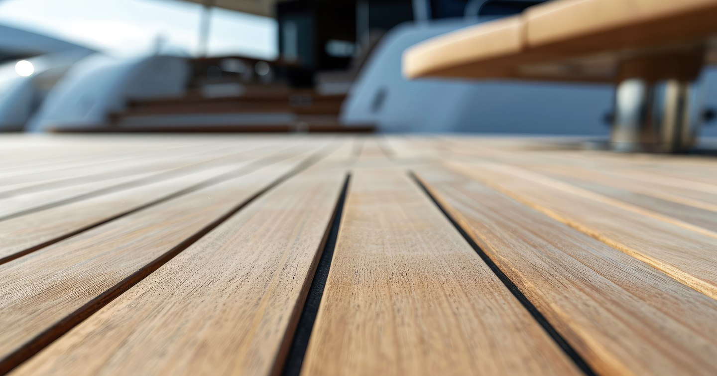 close up of teak decking on superyacht