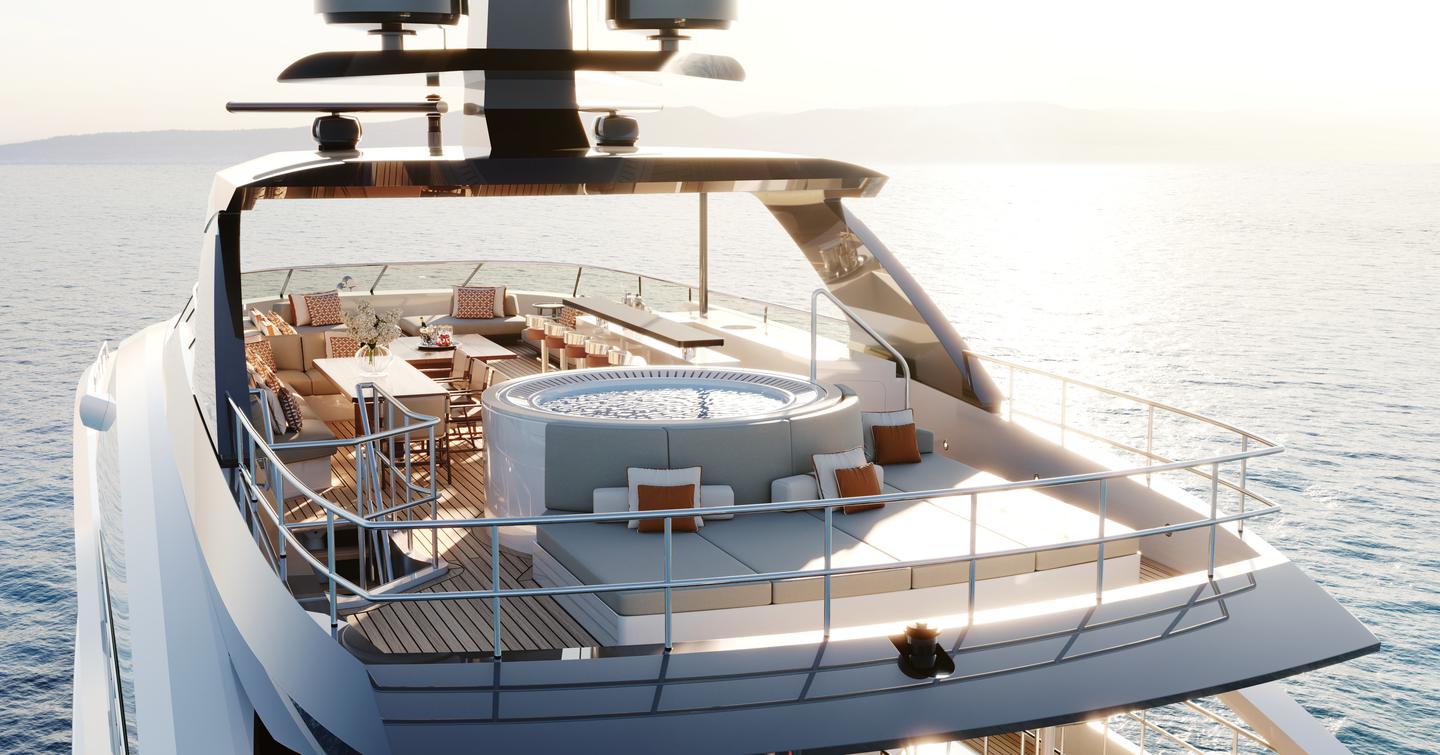 Superyacht Book Ends' upper deck with jacuzzi and sunpads