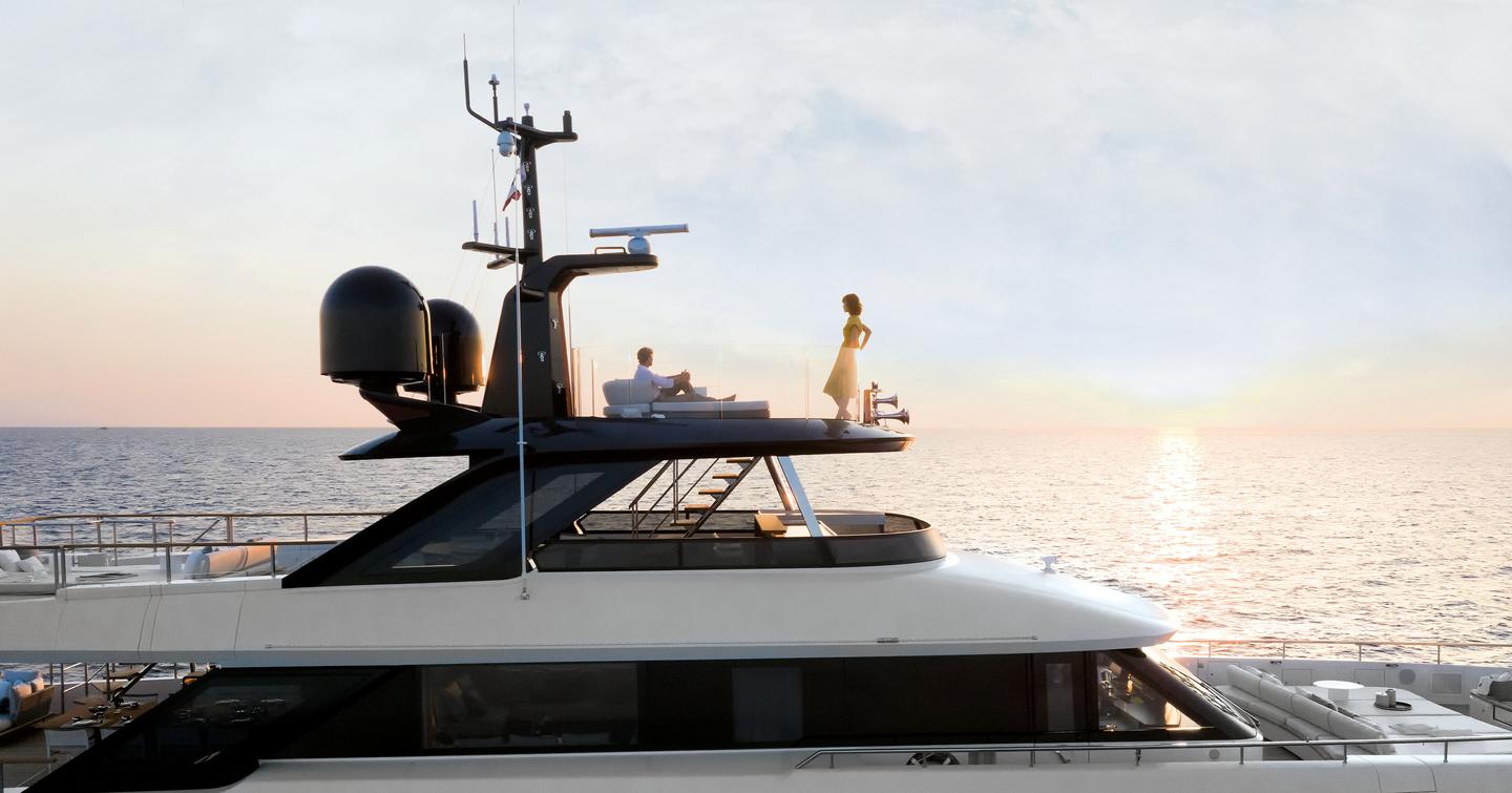 Benetti Motopanfilo 37M motor yacht upper deck with couple on observation lounge