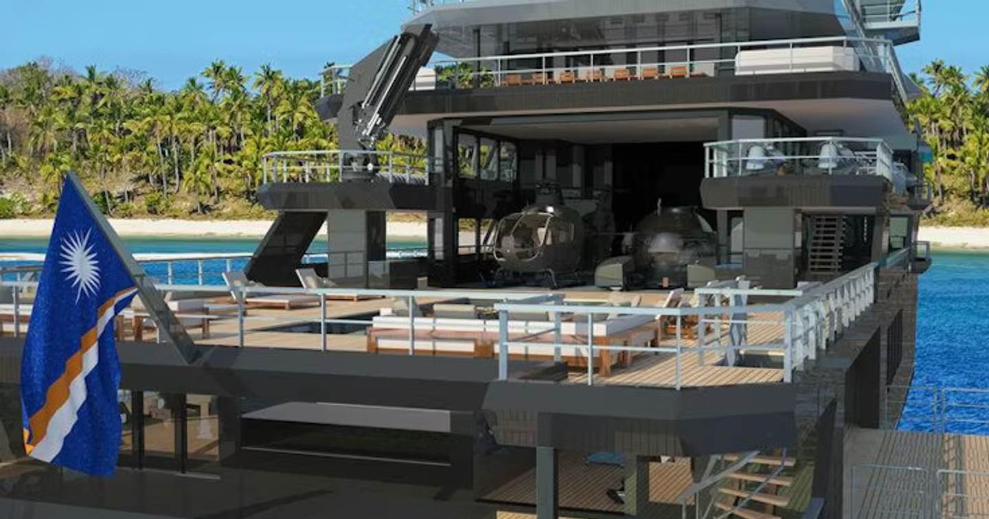 Close up Rendering of expedition yacht Ocean Falcon aft decks with tender storage and sunbathing areas 