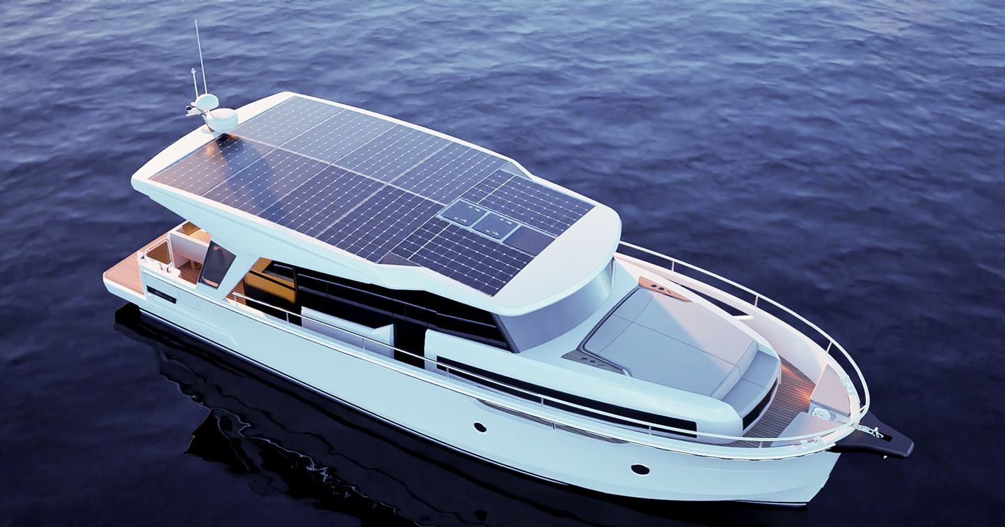 Greenline 42 motor yacht underway, with solar panels and a foredeck lounge area