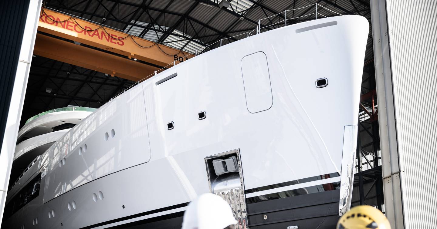 Bow of Third Amels 80 Superyacht Project Zurich leaving Damen Yachting facility 