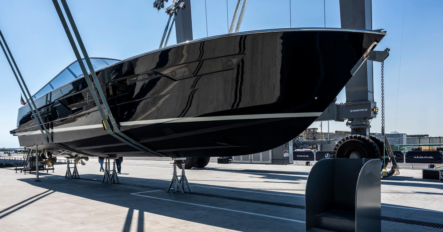 First Itama 70 motor yacht suspended bow view