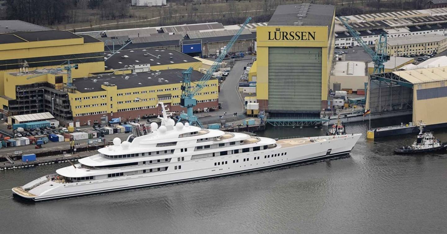 Superyacht Azzam outside Lurssen shipyard