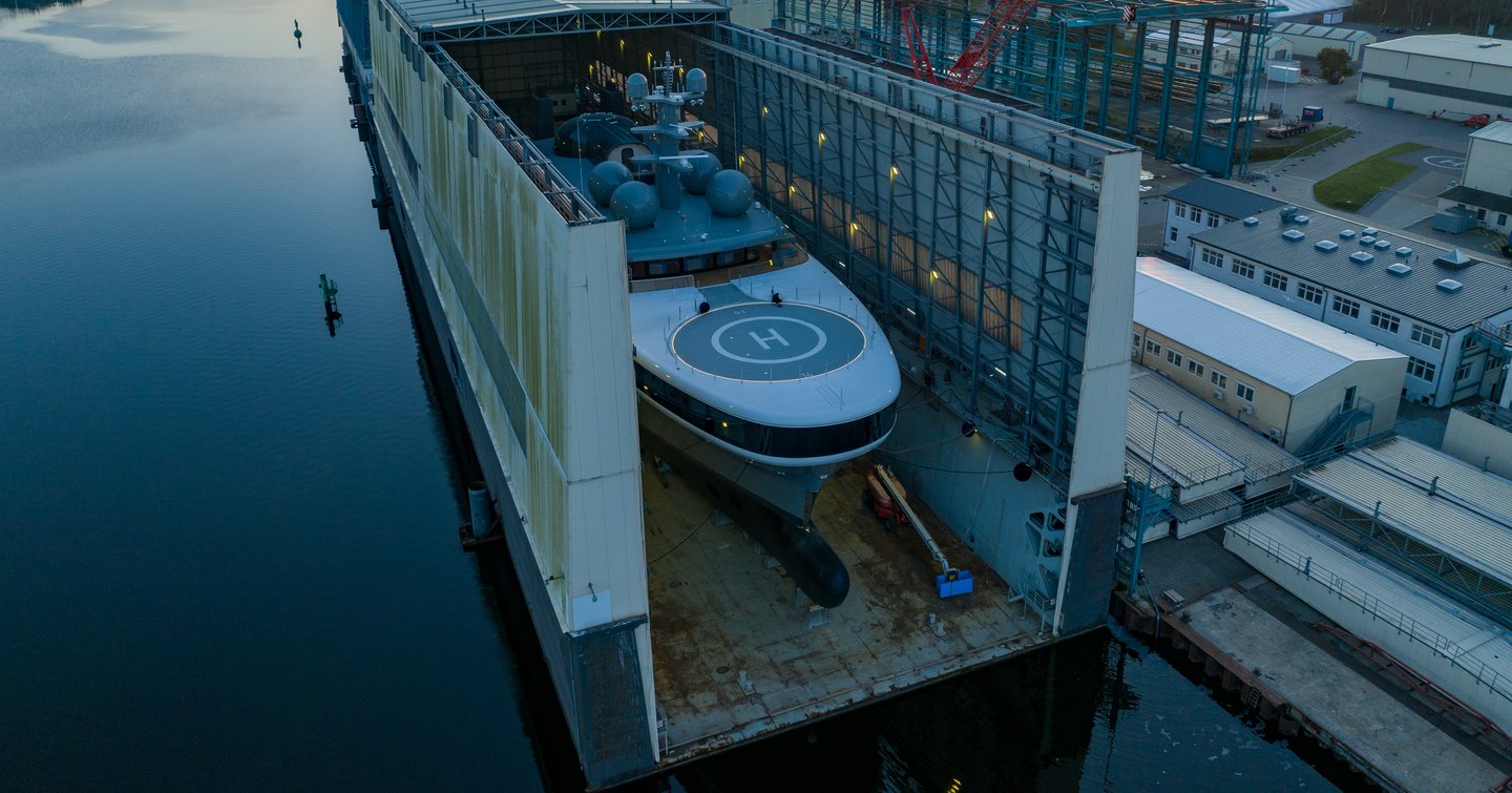 Superyacht Project Cosmos in floodable dock at Lurssen shipyard