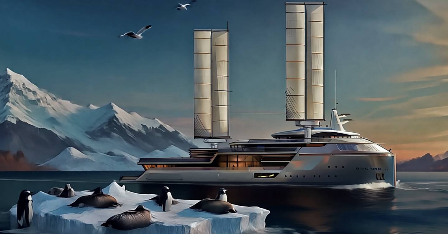 Sketch of expedition yacht Project MG under way next to seals on an ice berg