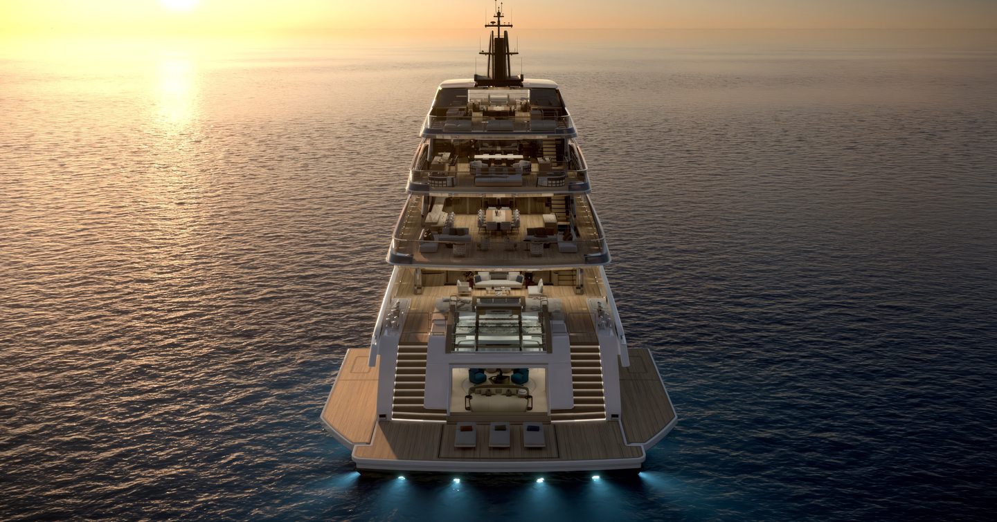 Rendering of Sanlorenzo 74Steel Superyacht aft decks with underwater lights 