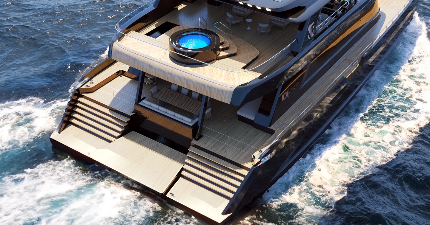 Rendering of VisionF 101 catamaran aft decks with jacuzzi