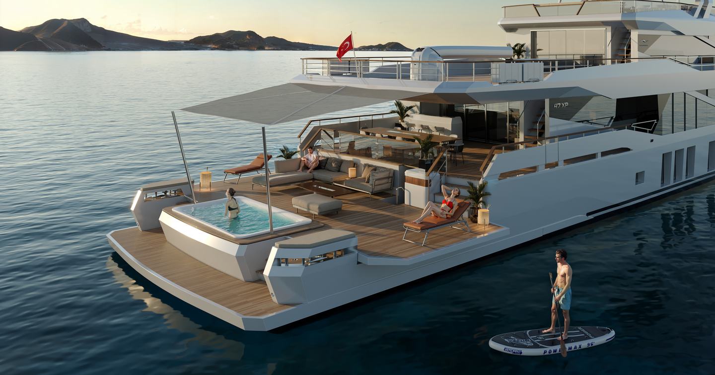 Rendering of the Numarine 47MXP explorer yacht aft deck with swimming pool and canopy