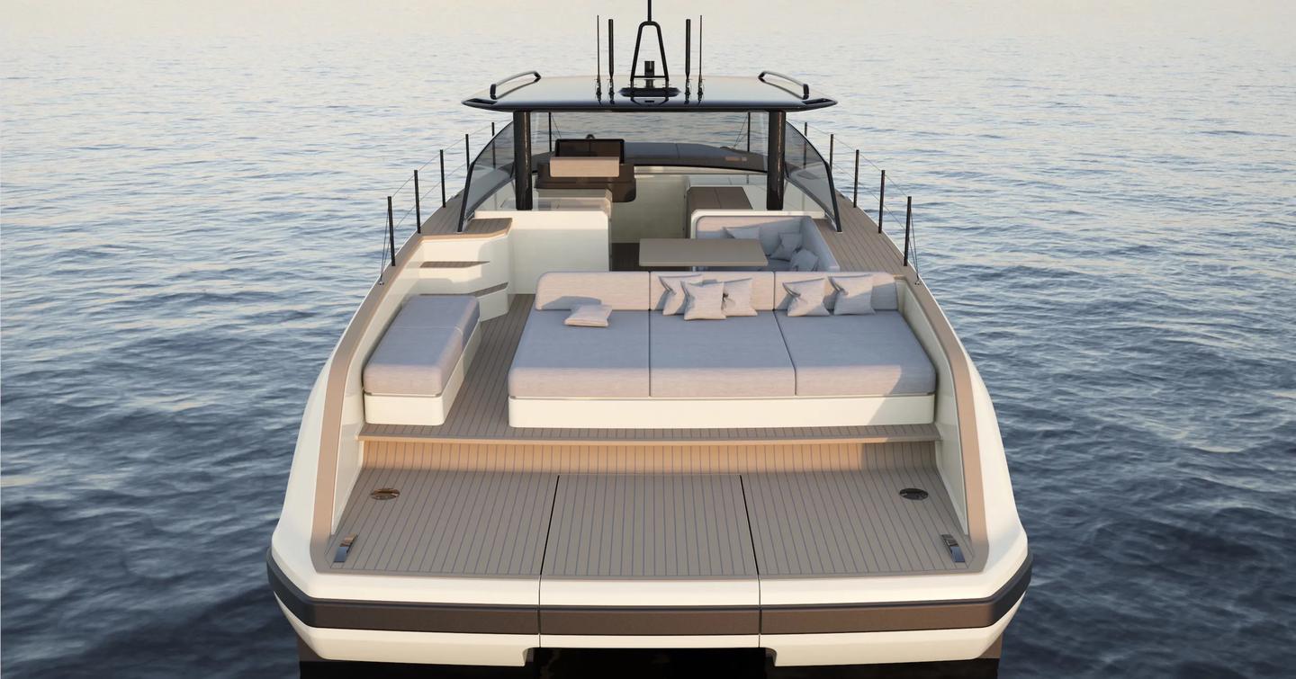 Rendering of Bluegame BGF45 Catamaran aft deck with sunpads and modular seating