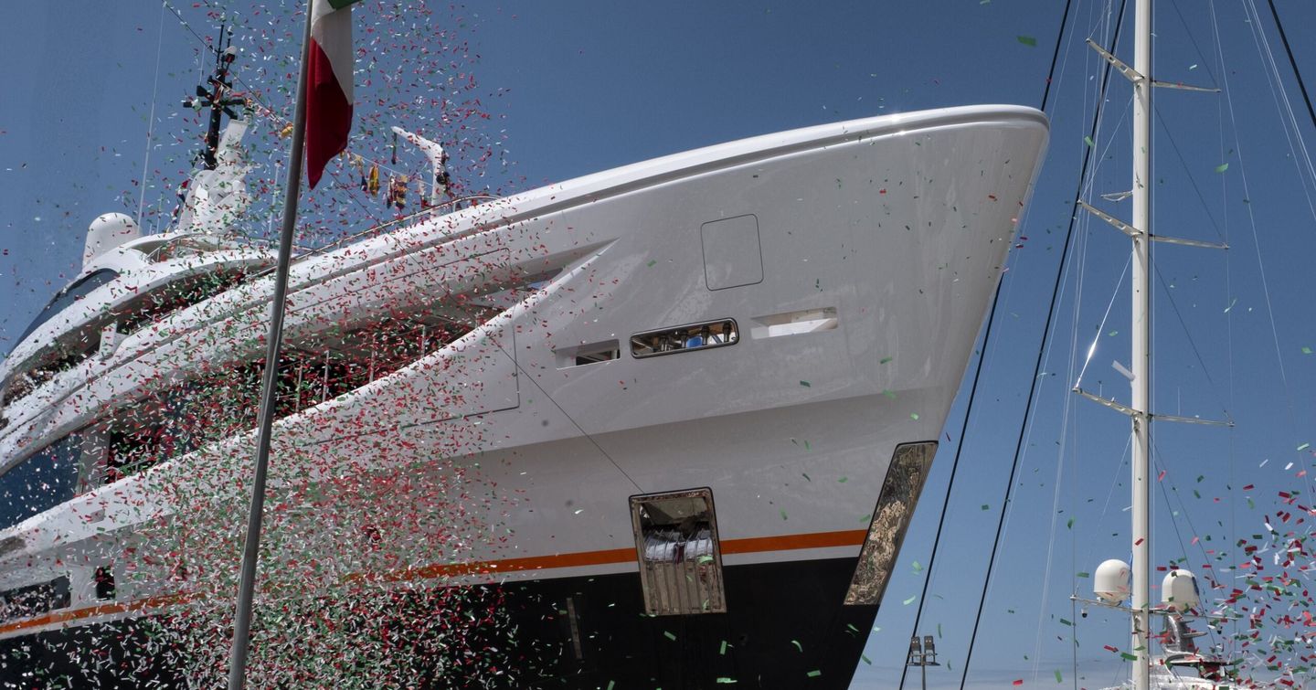 Superyacht Xwave bow at launch covered with confetti